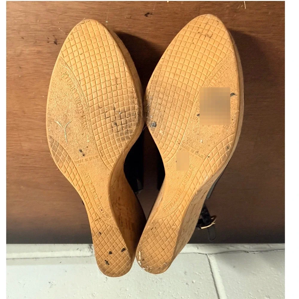 Stuart Weitzman Black Patent Leather Cork Wedge Slingback Peep Toe Sandals 7.5 M - Picture 6 of 6